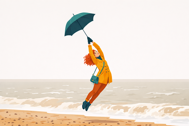 Frau, Mädchen, Regenschirm, Regen, Wind