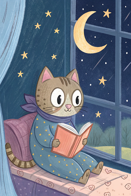 Free cat reading book illustration