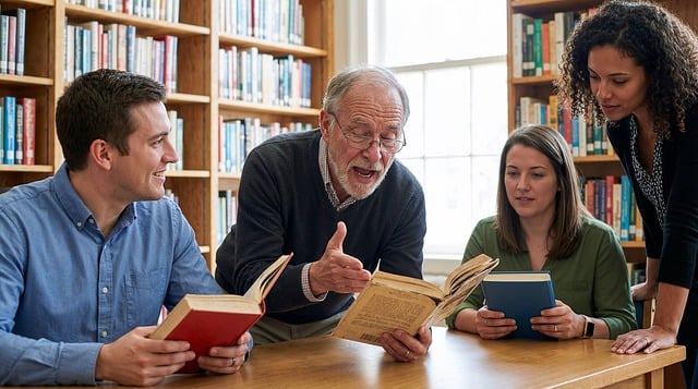 teaching, mentor, library, old book, wisdom, history, education, storytelling, students, academic, learning, bookshelf, interaction, focus, professor, literature, community, discovery, reading, engagement, ai generated