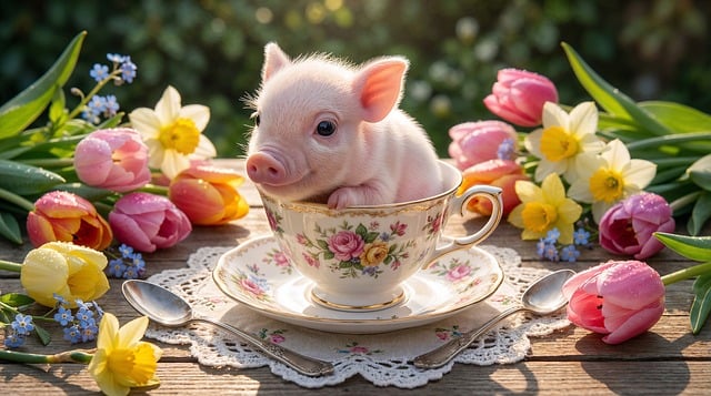 Free piglet teacup daffodils illustration