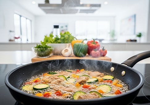 Braten, Pfanne, Gefüllt, Gemüse, Zeigt