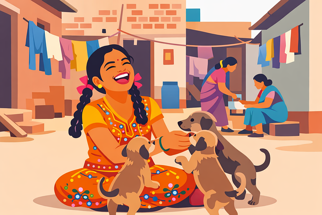 Free indian village girl girl playing with puppies happy child with dogs illustration