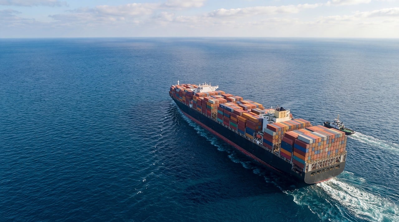 Aerial view of a container ship crossing open ocean