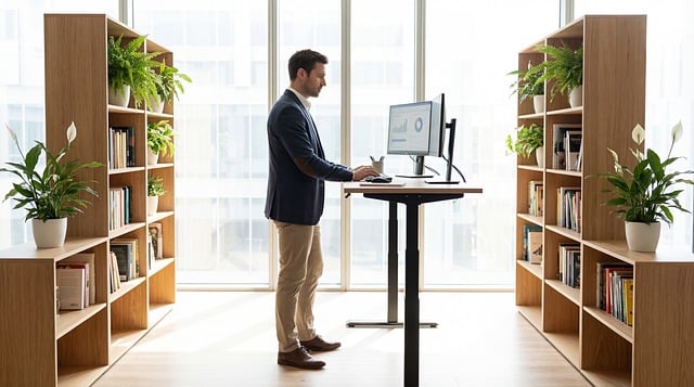 ergonomics, standing desk, office, workspace, work, professional, technology, health, productivity, modern, interior, businessman, computer, lifestyle, wellness, workplace, furniture, corporate, employee employee, energy, business, working, executive