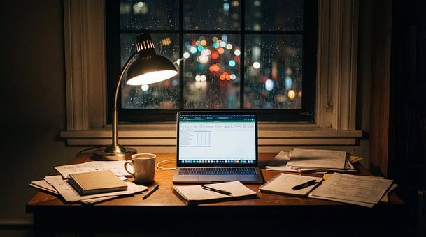 Laptop, Nacht, Thuiskantoor, Bureau