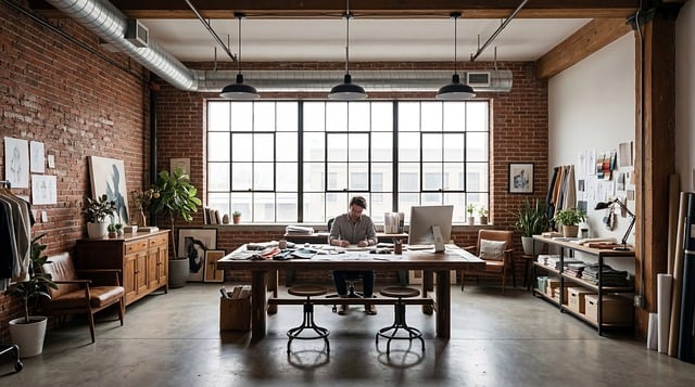 office, loft, industrial, workspace, interior, brick wall, modern, windows, desk, working, professional, creative, studio, business, daylight, m, entrepreneur, lifestyle, furniture, open plan, thiết kế, workplace, apartment, home office, bright