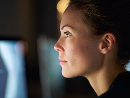 Frau, Arbeit, Büro, Computer, Notizbuch