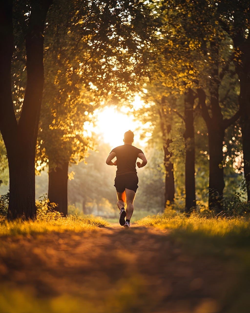 Coureur vu de dos progressant sur un chemin forestier baigné de lumière au lever du soleil, sans visage ni texte ni logo visible
