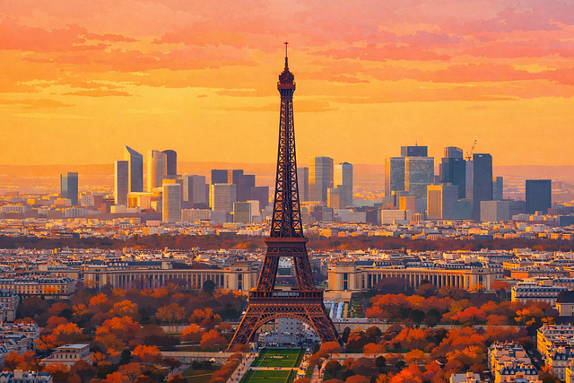 Free eiffel tower paris skyline paris sunset skyline eiffel tower cityscape illustration