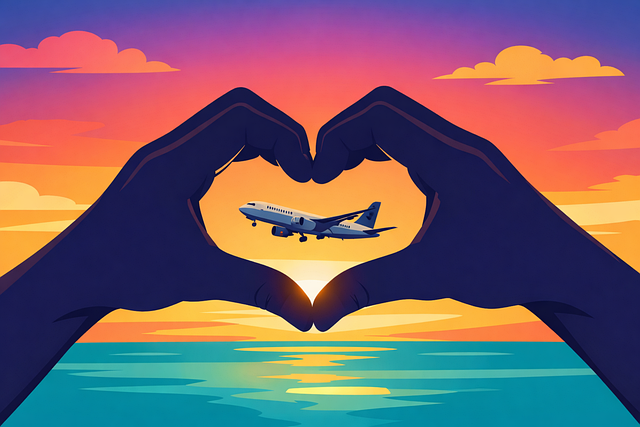 Free travel love concept airplane sunset sky hands heart shape vector