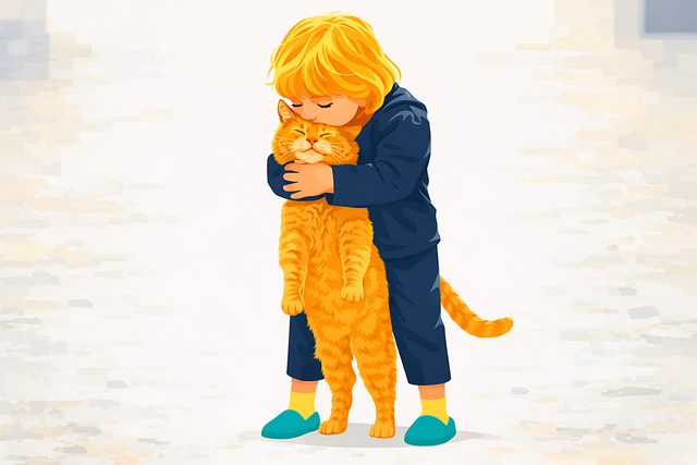 Free child hugging cat kid with pet child and animal bond vector