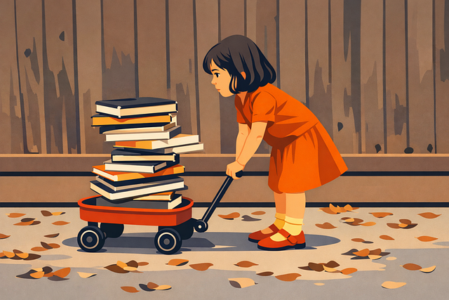 Free child with books girl pulling wagon education concept child vector
