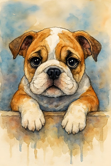 Hund, Bulldog, Kunst, Akvarel, Kæledyr