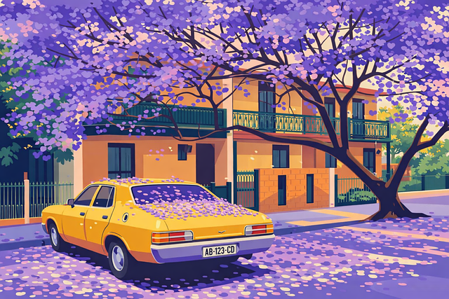 Free spring street scene blooming tree street purple blossom tree illustration