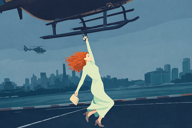 Free helicopter rescue scene woman hanging helicopter urban emergency concept vector