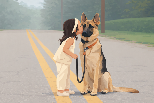 Free child with dog girl kissing dog german shepherd dog vector