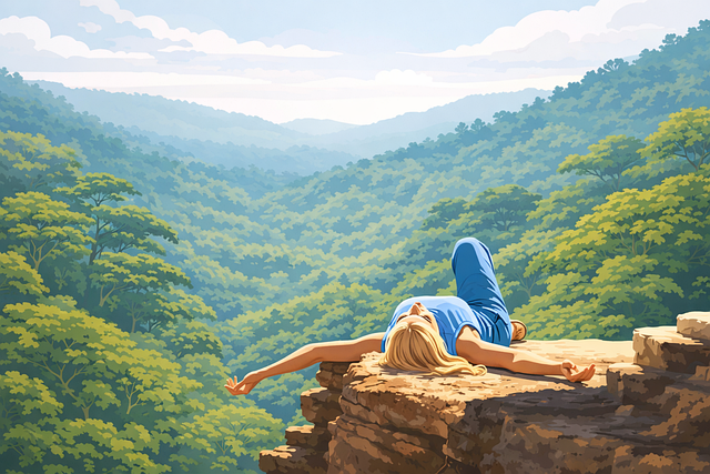 Free woman relaxing woman on cliff peaceful moment illustration