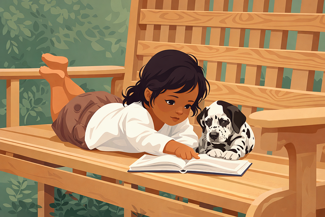 Free ai generated child reading girl with dog vector