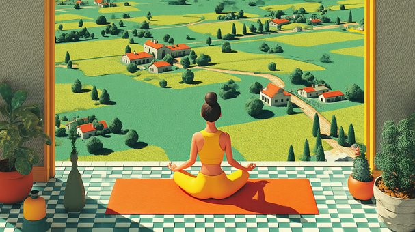 Ioga, Meditação, Mulher, Panorama, Campo