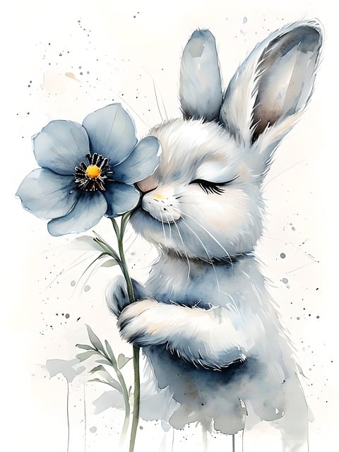 Lebre, Flor, Aquarela, Azul, Primavera