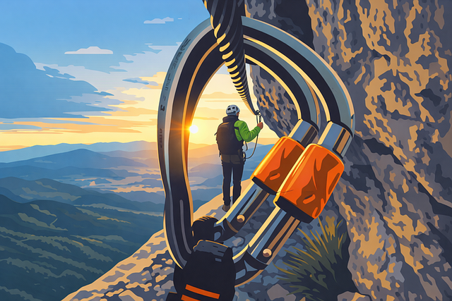 Free rock climbing safety climber on cliff carabiner close up vector