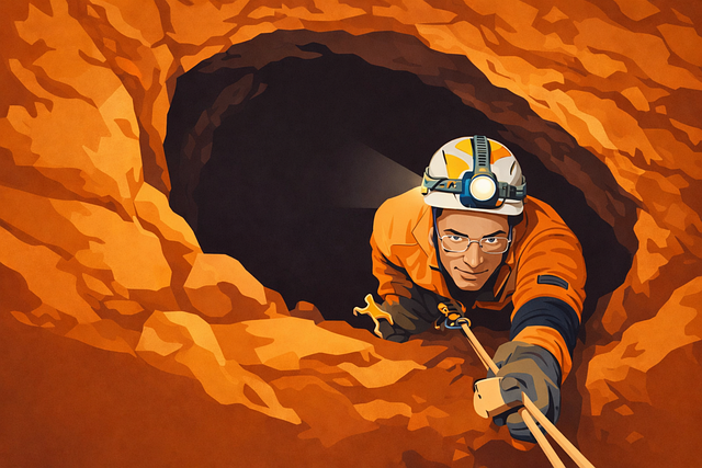 Free caving exploration cave climber rope climbing illustration