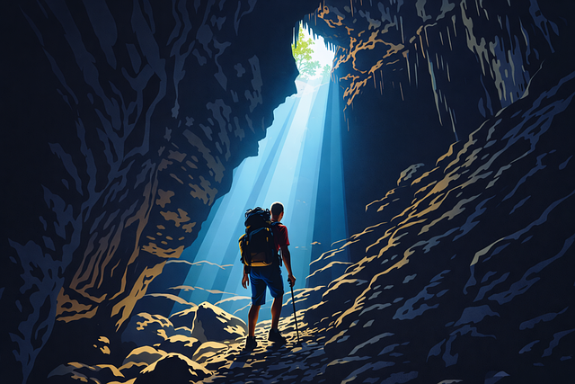 Free cave exploration hiker silhouette light rays cave vector