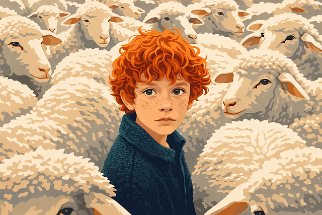 Free red hair boy curly hair child sheep flock vector