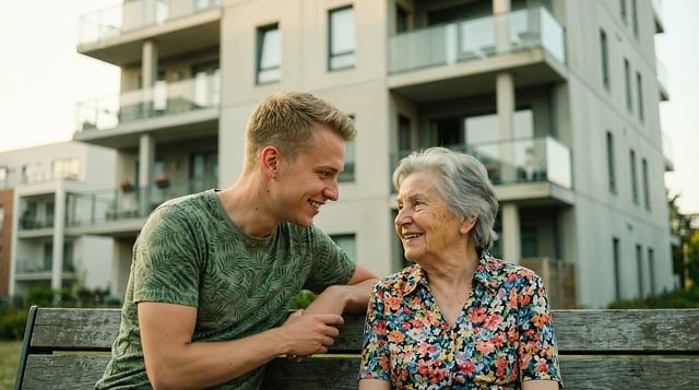 care, elderly, youth, smile, happiness, connection, togetherness, compassion, senior, support, love, outdoor, urban, family, kindness, joy, assistance, generations, relationship, empathy, ai generated