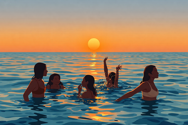 Amigos, Natación, Oceano, Atardecer