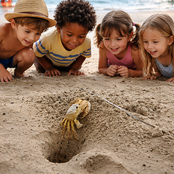 Krabbe, Strand, Sand, Kinder, Spielen