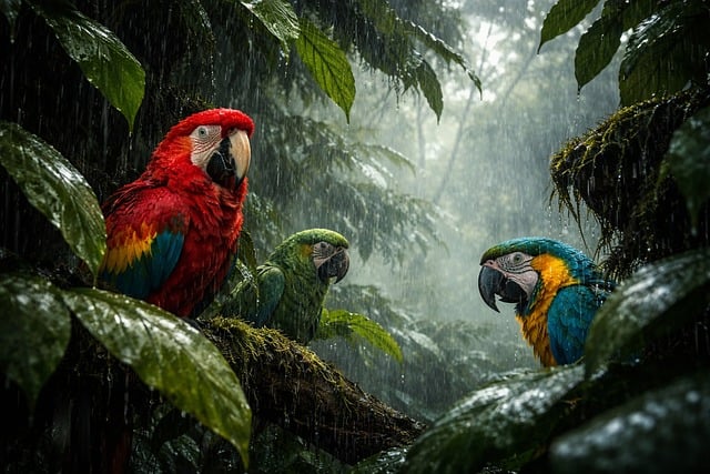parrots, rainforest, rain, tropical, jungle, colorful, leaves, nature, birds, ecosystem, wilderness, humidity, south america, wild, igapó, latin america, posing, biodiversity, rest, natural beauty, ai generated