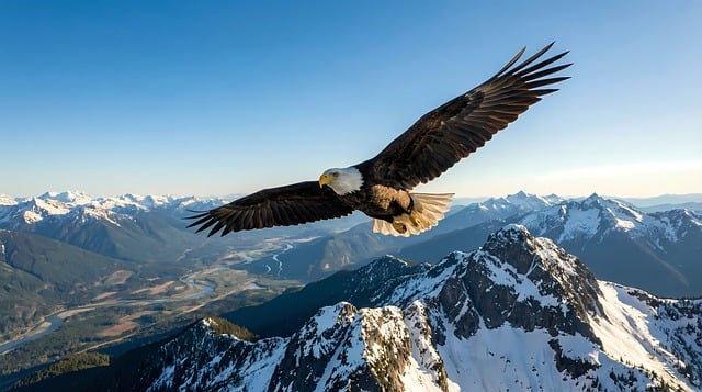 eagle, flying, sky, mountain, bird of prey, wildlife, raptor, freedom, majestic, height, nature, soaring, clouds, landscape, peaks, wilderness, environment, ai generated