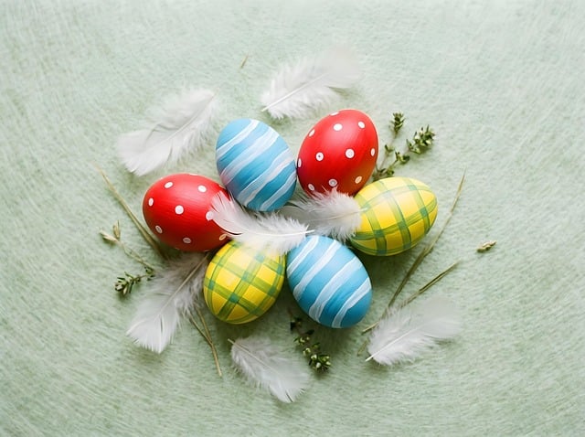 easter eggs, feathers, painted, multicolored, yellow, blue, red, overview, holiday concept, decorative, national customs, artistic, spring, white, traditional, fun, nature, festive, creative, art concept, homemade craft
