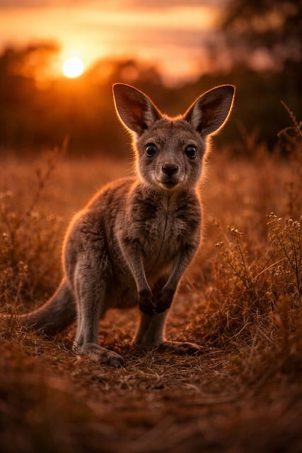 kangaroo, joey, wildlife, nature, glowing sunset, warm light, australian wildlife, grassland, cute animal, vulnerable, field, animal portrait, dry grass, alone, looking, natural habitat, framed, lure attract, anxious eyes