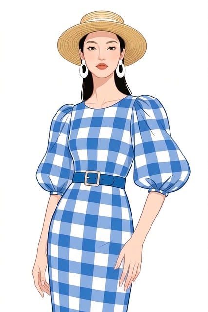 Free fashion illustration woman blue gingham illustration