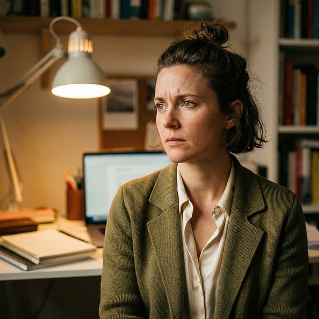 Frau, Büro, Denken, Laptop, Bücherregal