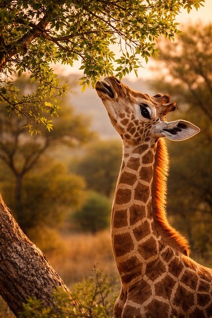 giraffe, calf, wildlife, feeding, tree, long neck, savannah, african wildlife, sunset, golden hour, warm tones, natural habitat, animal behavior, herbivore, nature, wildlife photography, young animal, outdoor scene, animal, leaves