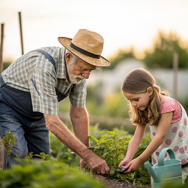 grandfather, granddaughter, gardening, vegetable, collaboration, love, nature, care, sunset, soil, outdoors, bond, tradition, upbringing, worker, field, family, liquid, joy, man