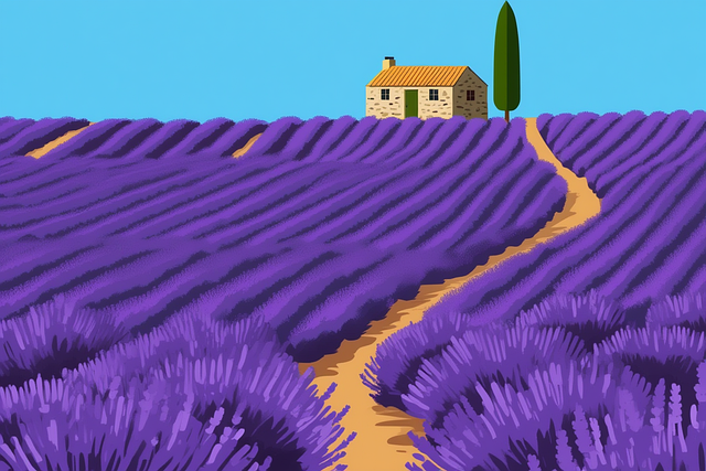 Free lavender field cottage summer scene illustration
