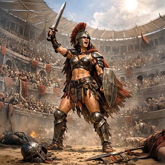 Gladiator, Kriegerin, Arena, Siegreich