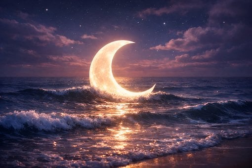 Lua, Oceano, Superfície Do Mar, Ondas