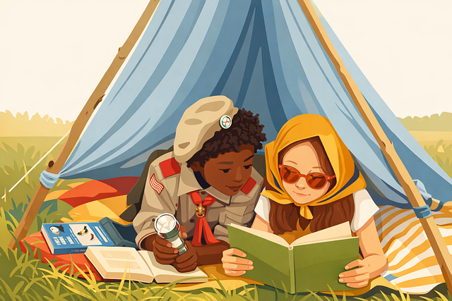 Kinder, Lesen, Camping, Zelt, Draussen