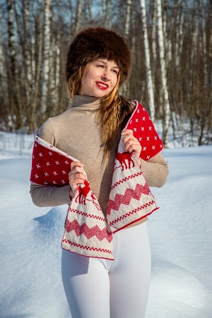 woman, winter, snow, scarf, nature, fur hat, smile, birch, fashion, winter clothing, person, russia, bleaching, red lips, blonde, wooden background, winter style, nordic fashion