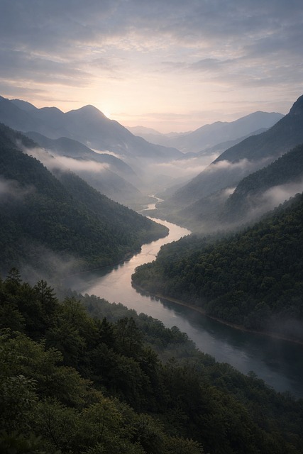 Valle, Río, Niebla, Montañas, Amanecer