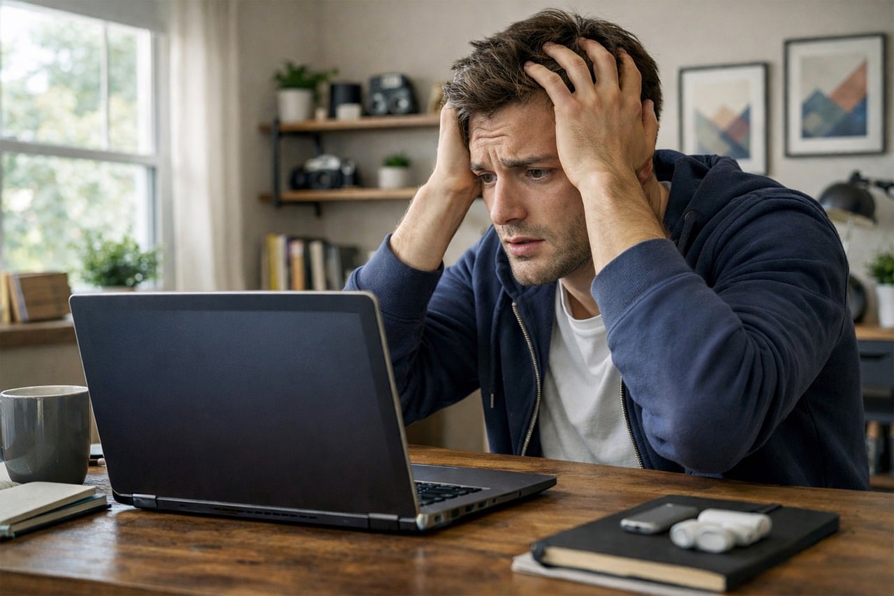 A man frustrated while staring at a laptop