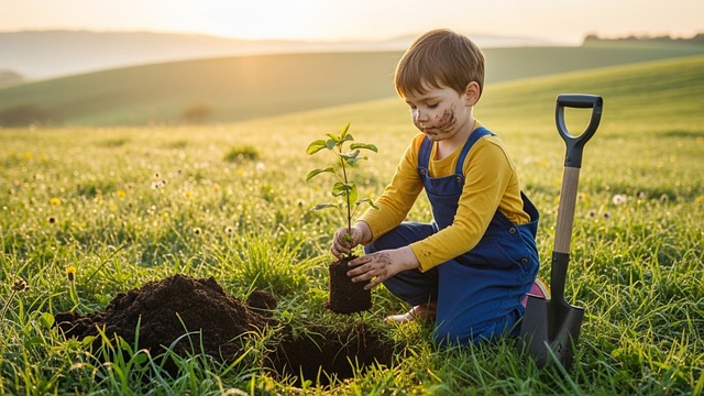 child, planting, tree, sunrise, green field, golden light, nature, conservation, environment, hope, young, kid, gardening, eco-friendly, sustainability, earth, outdoor, landscape, future, hopeful, nurturing, countryside, reforestation, sunshine