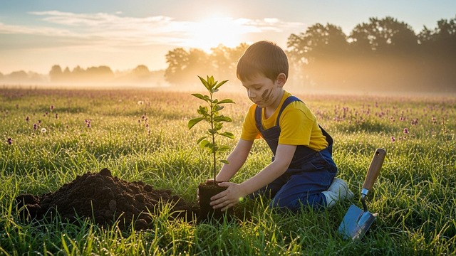 child, planting, tree, sunrise, green field, golden light, nature, conservation, environment, hope, young, kid, gardening, eco-friendly, sustainability, earth, outdoor, landscape, future, hopeful, nurturing, countryside, reforestation, sunshine