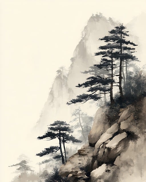 Free ink painting mountain pine illustration