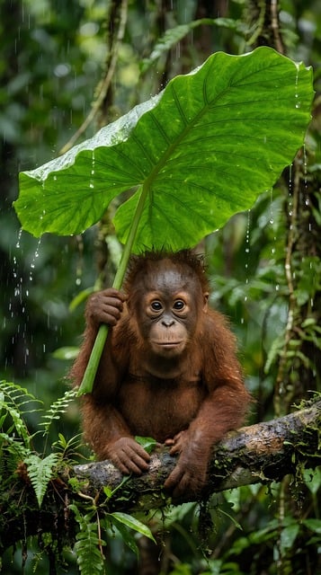 orangutan, primate, baby, animal, nature, rain, cute, adorable, tropical, rainforest, shelter, umbrella, leaf, green, branch, tree, wild, jungle, protecting, frond, wildlife